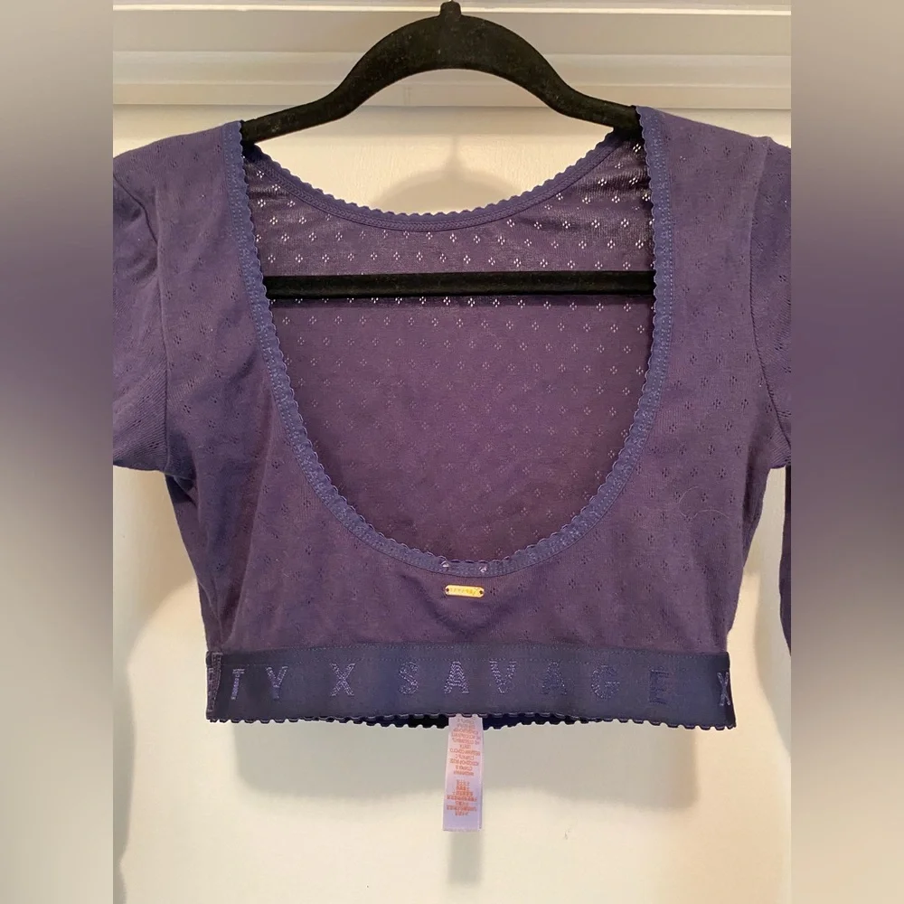 Savage X Fenty Long Sleeve Crop Top Blue Size XS Pointelle knit Scoop Neck